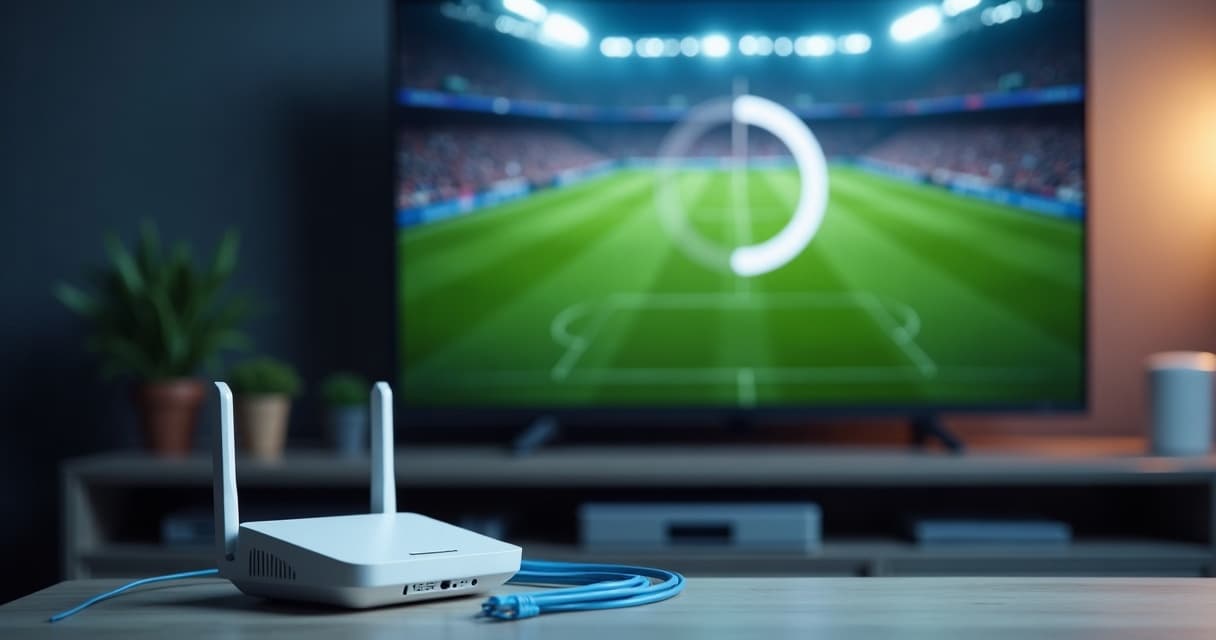 Wi-Fi router and ethernet cable in front of a TV buffering a live football match — fixing IPTV buffering