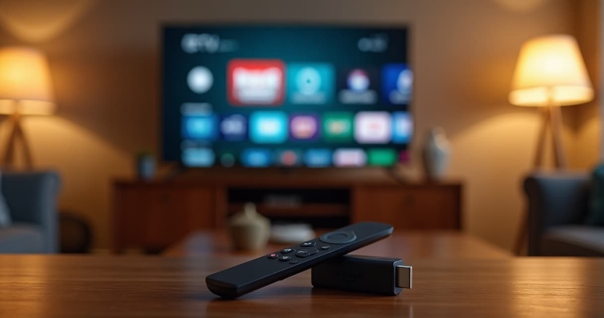 Amazon Fire TV stick and remote on a table with an IPTV channel guide on the TV — TiviMate Firestick setup