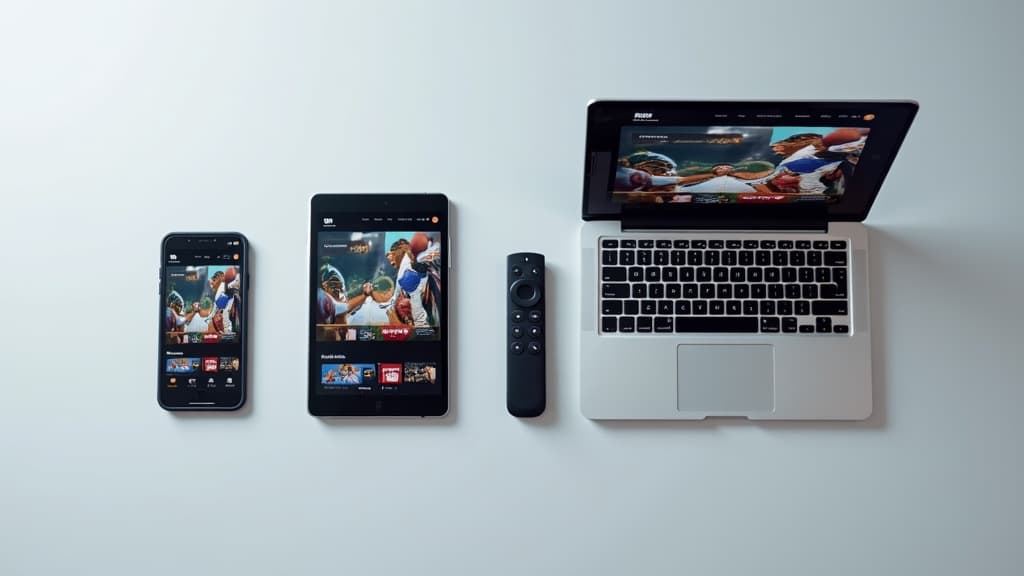 iBo Player Pro running on a phone, tablet and laptop with a TV remote