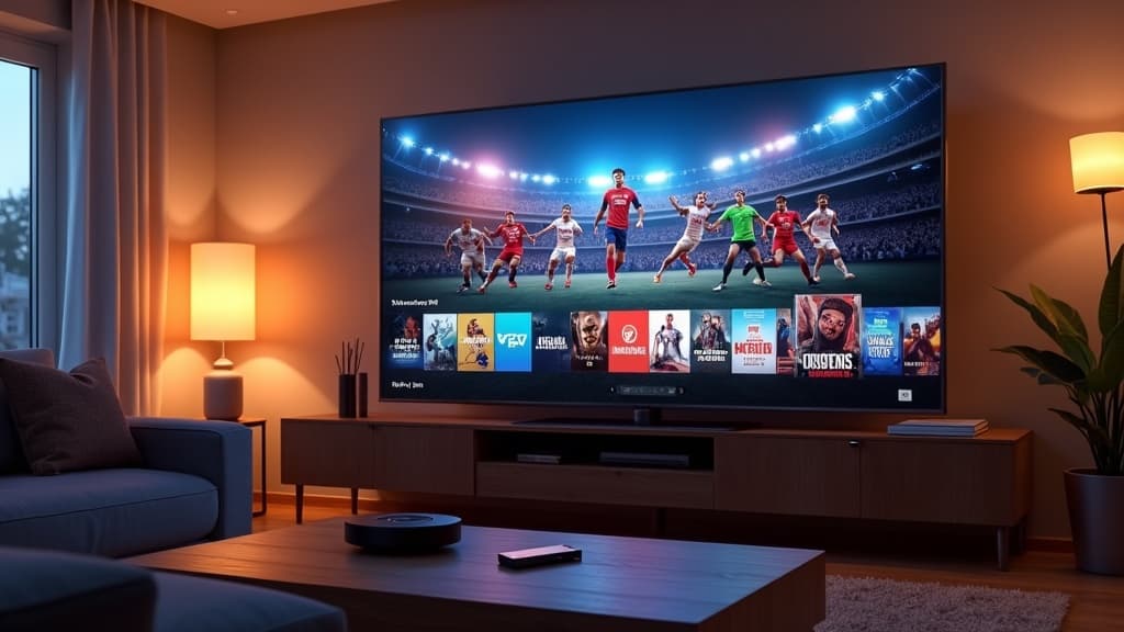 iBo Player Pro streaming live sport and movies on a 4K smart TV in a living room