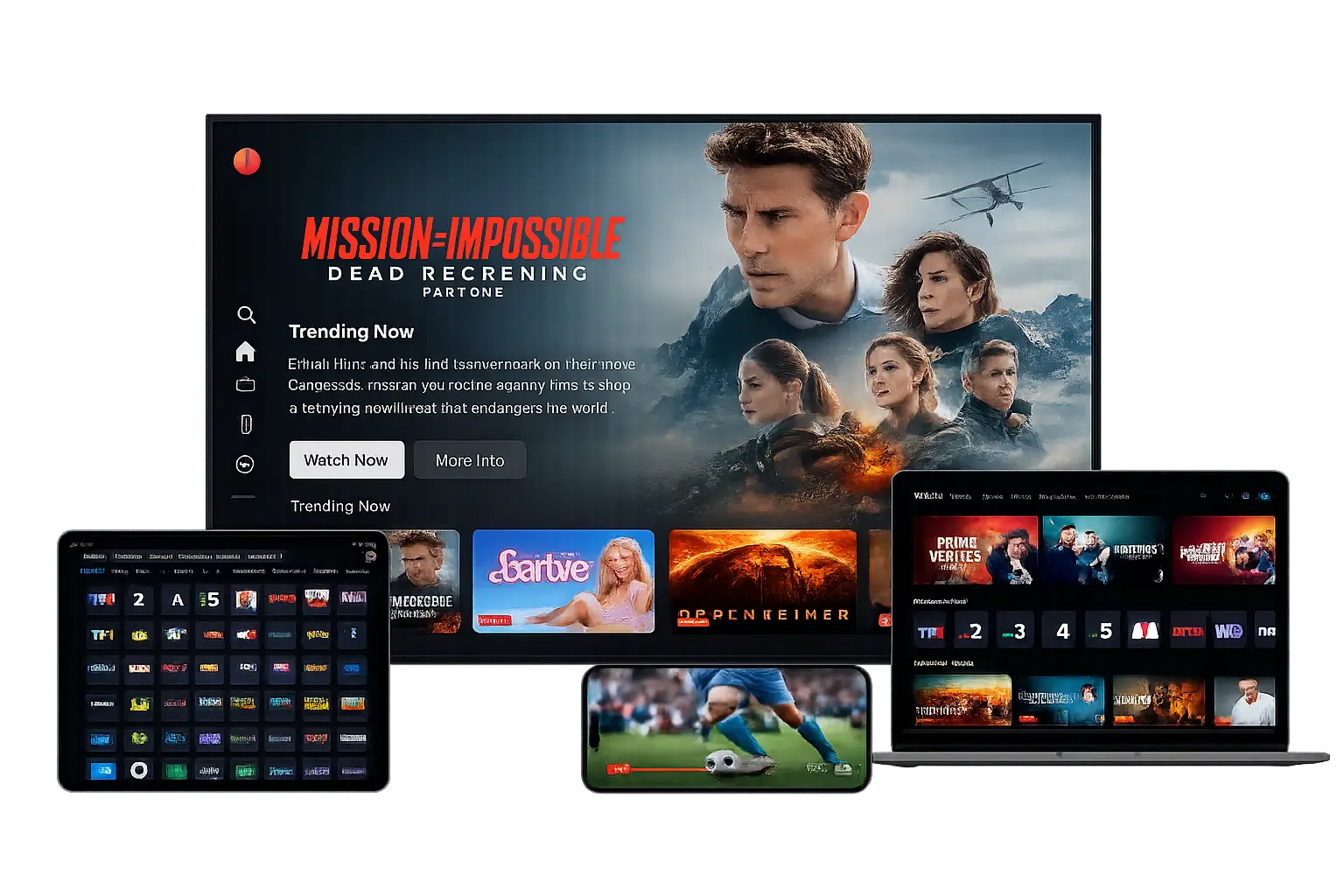 iBostreaming 4K IPTV streaming interface shown across a smart TV, tablet, laptop and phone