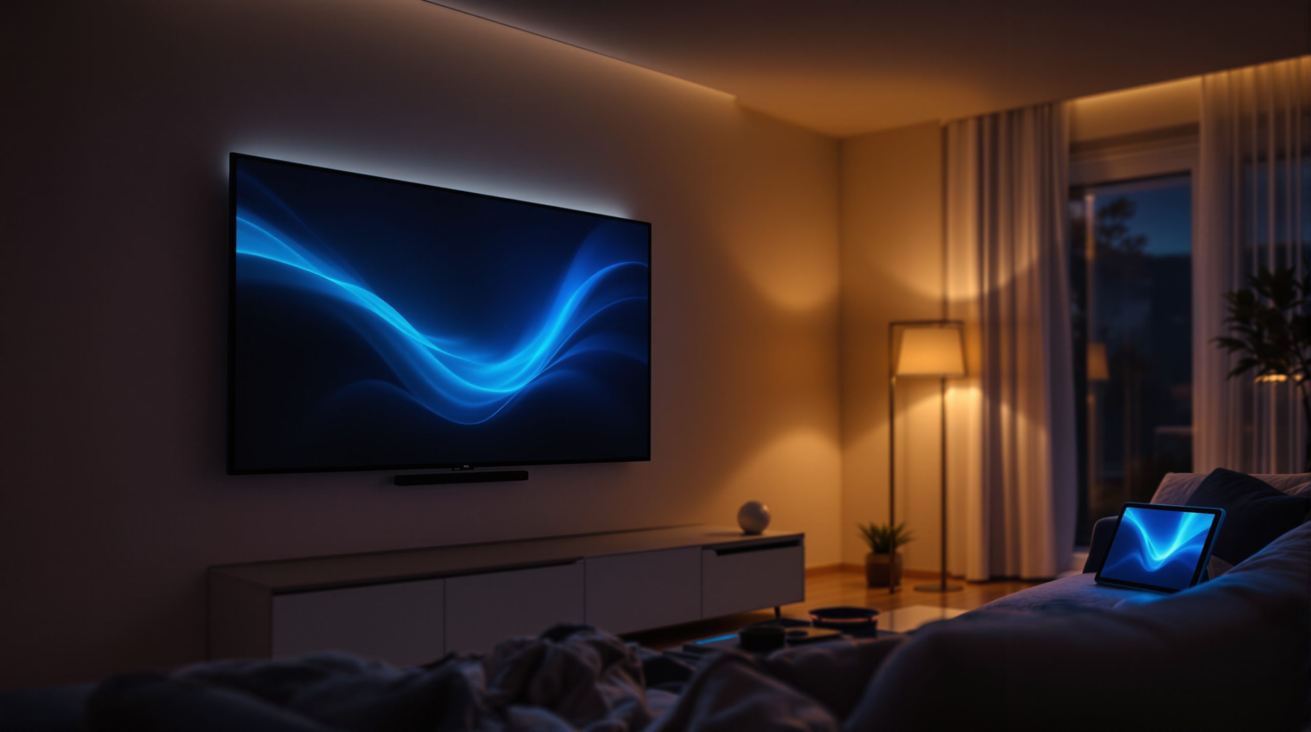 Abonnement IPTV 12 mois en 4K affiché sur un téléviseur de salon et une tablette
