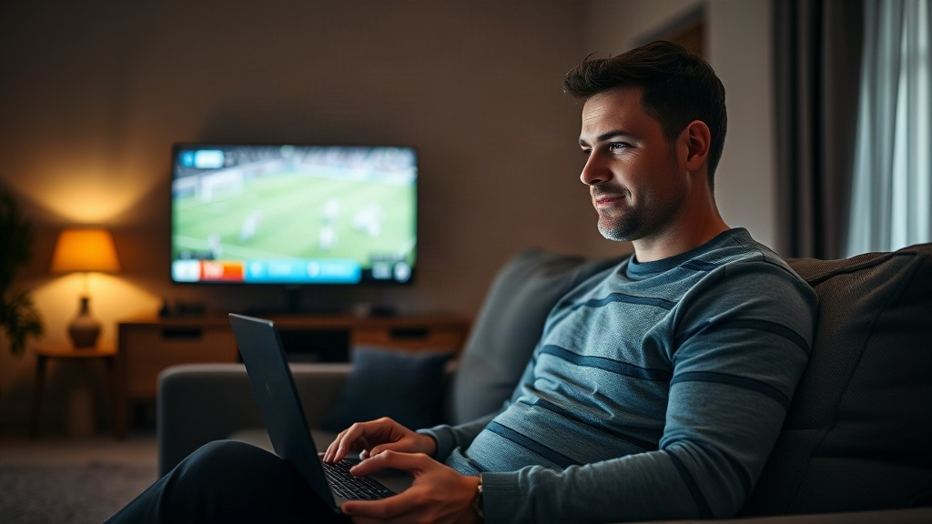 Man reading IPTV Reddit threads on a laptop while a football match plays on the television